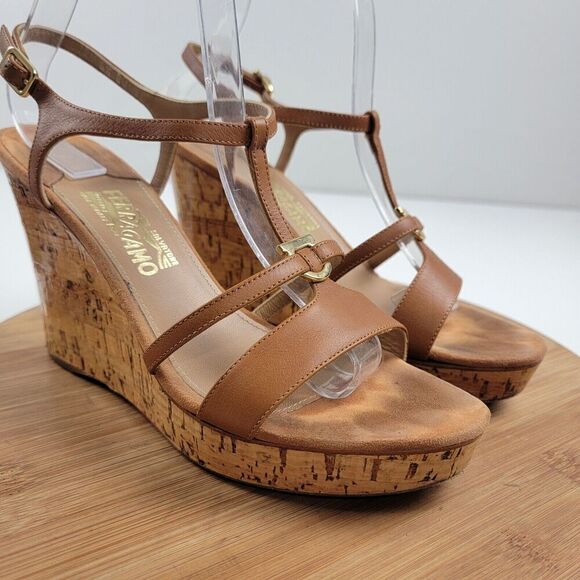 Salvatore Ferragamo Platform Cork Wedges Brown Leather Sandals Size 8.5 B Italy - Picture 8 of 16